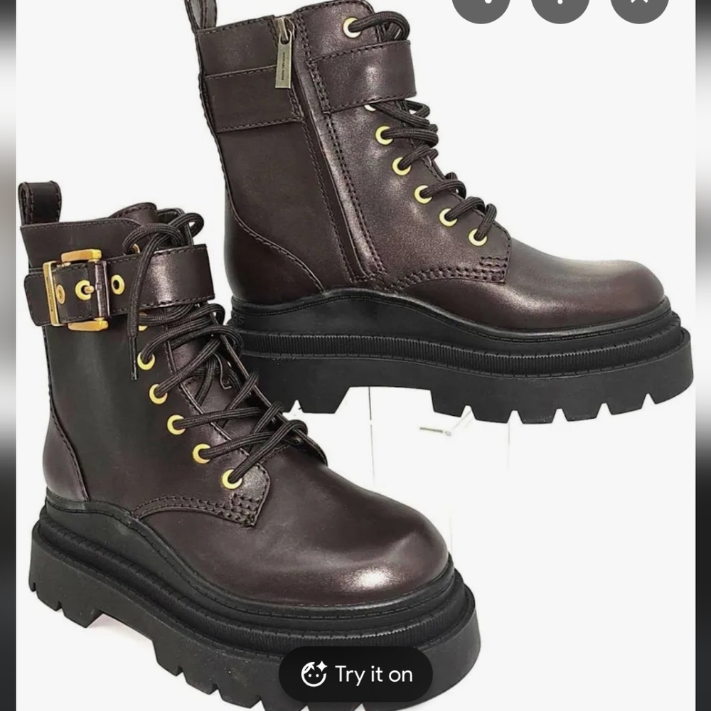 MICHAEL Michael Kors Colby Leather Lug Combat Booties with Gold Hardware